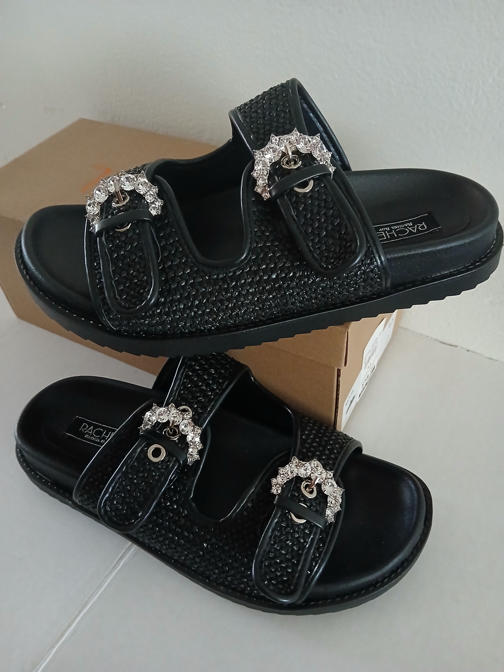 Rachel Roy Matcha  Black  Crystal-Embellished Slide Sandals $25